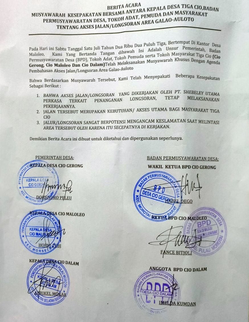 Surat kesepakatan bersama yang disetujui saat digelarnya media untuk pelaksanaan proyek jalan di wilayah Maluku Utara.