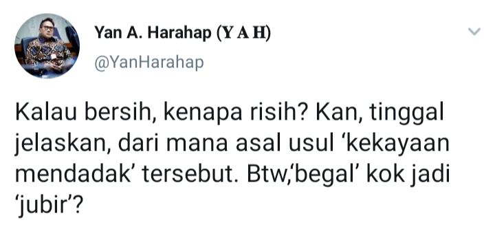 Cuitan Yan Harahap merespons 'pembelaan' Moeldoko soal Gibran Rakabuming dan Kaesang Pangarep dilaporkan ke KPK.