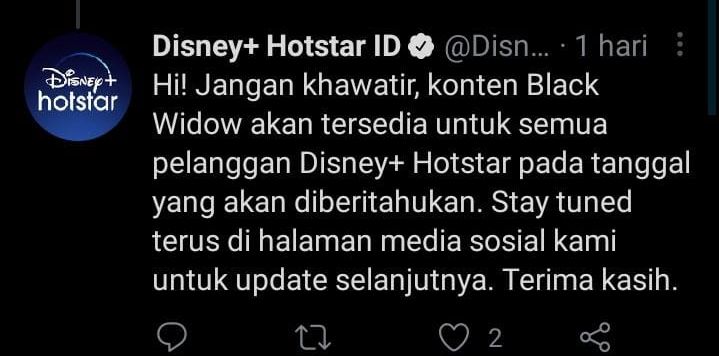 Jawaban Disney Plus Hotstar Indonesia soal penayangan film Black Widow.