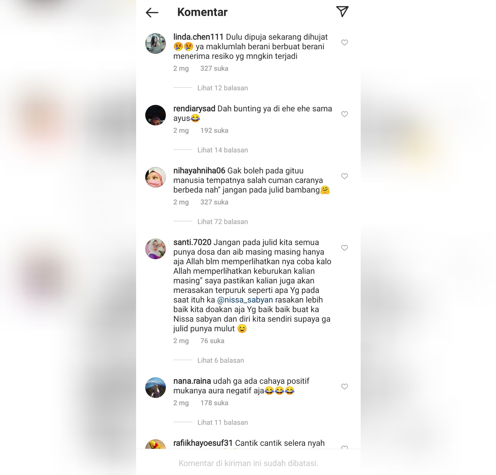 Komentar Netizen di Beradan Instagram Nissa sabyan