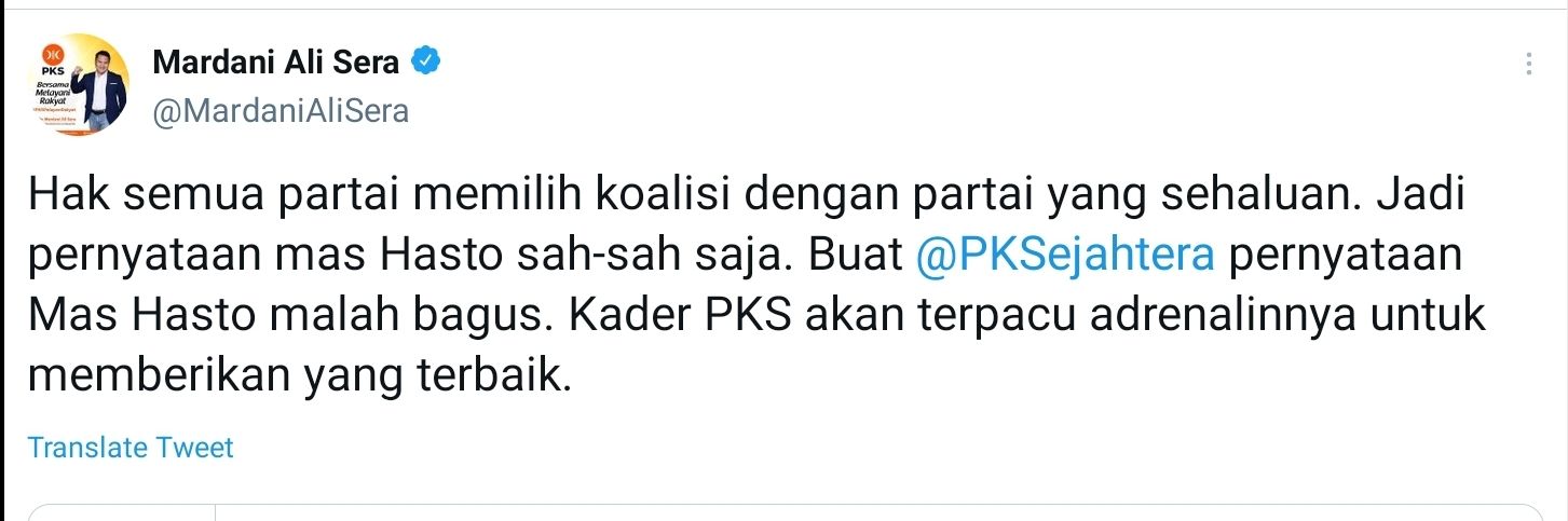 Cuitan Mardani Ali Sera soal PDIP menyebut tak bisa berkoalisi dengan PKS.