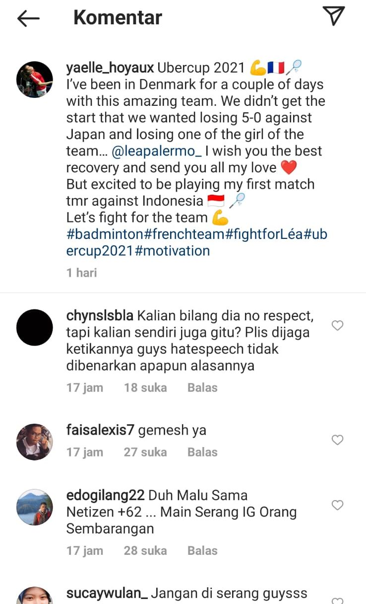 Netizen Indonesia serang akun Instagram pebulutangkis Prancis, Yaelle Hoyalix/ Tangkap layar Instagram/@yaelle_hoyaux
