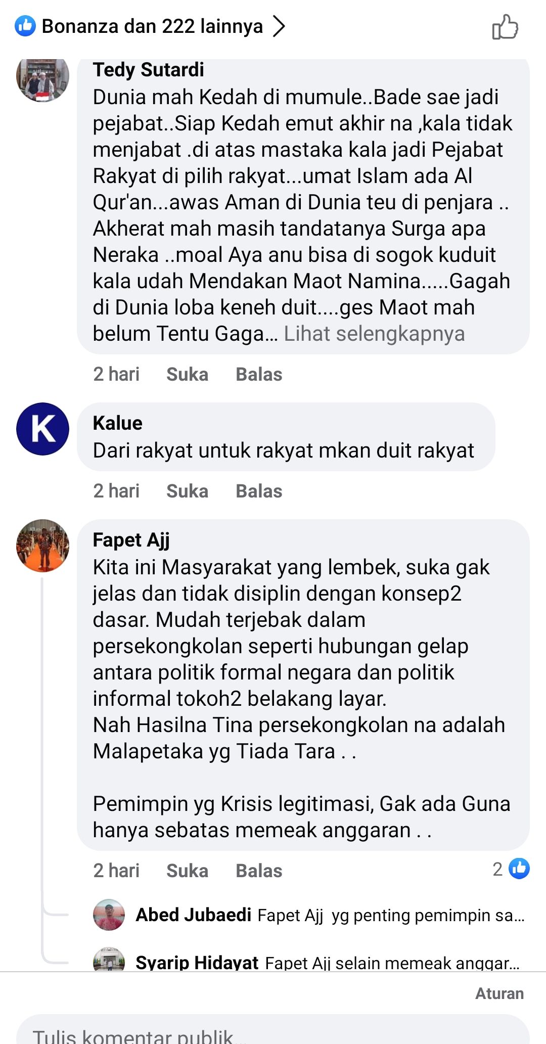 Beberapa komentar warganet yang terlihat mengkritisi postingan Ketua DPRD Purwakarta.