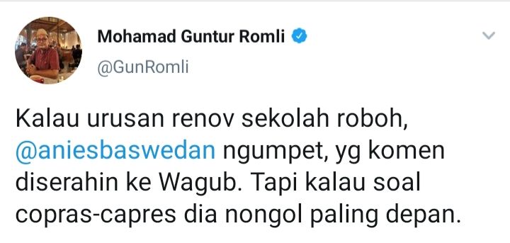 Cuitan Guntur Romli mengkritik Anies Baswedan yang tidak memberikan keterangan mengenai robohnya SMA 96 Jakbar yang justru dilakukan Ahmad Riza.
