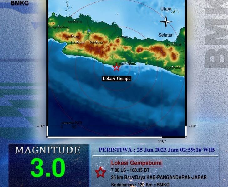 Peta pusat gempa bumi yang melanda wilayah Kabupaten Pangandaran Minggu 25 Juni 2023.