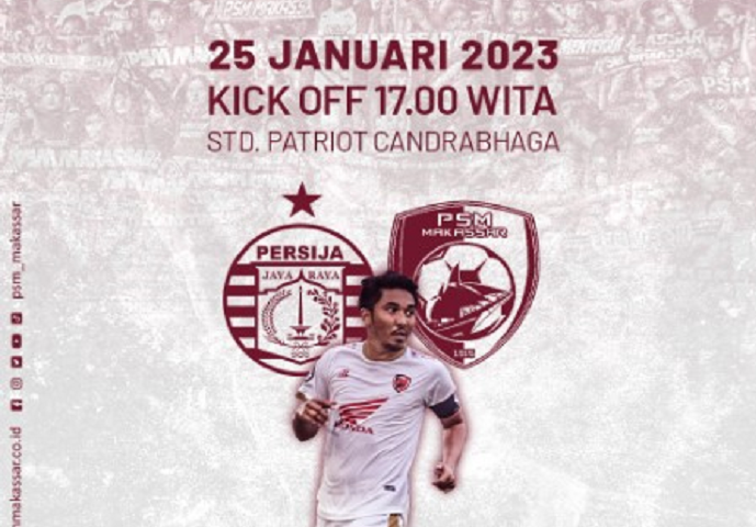 Prediksi skor, susunan pemain, head to head dan live streaming Persija vs PSM Liga 1 Indonesia yang digelar di stadion Patriot Chandra Bhaga,Bekasi hari ini 25 Januari 2023.