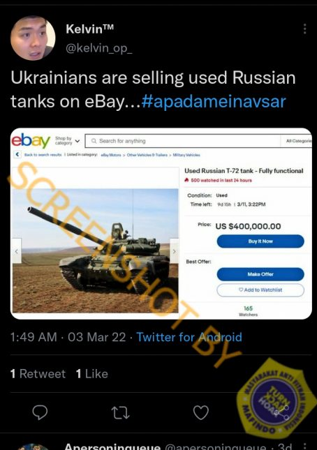 Narasi terkait aksi Ukraina yang menjual tank bekas milik Rusia.