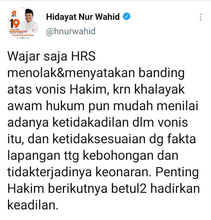 Tangkap layar cuitan Hidayat Nur Wahid.
