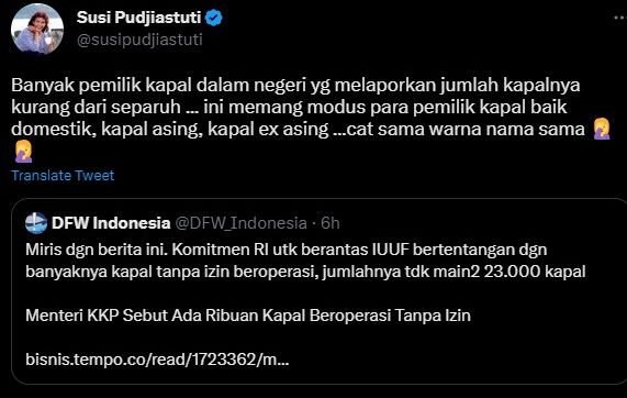 Cuitan Susi Pudjiastuti soal oknum pemilik kapal di Indonesia.