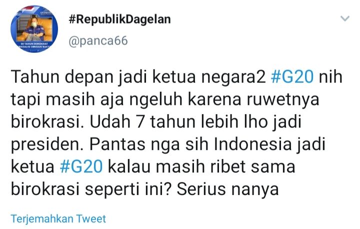 Cuitan Cipta Panca yang menanggapi pernyataan Jokowi soal ruwetnya birokrasi di Indonesia.