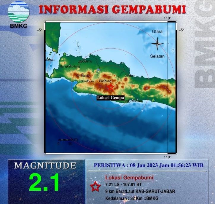 Pusat gempa bumi yang melanda Kabupaten Garut Minggu 8 Januari 2023.