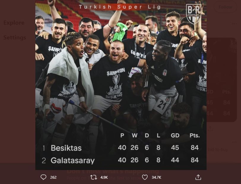 Margin gol menjadi penentu keberhasilan Besiktas menjuarai Super Lig Turki, mengungguli rival mereka, Galatasaray.