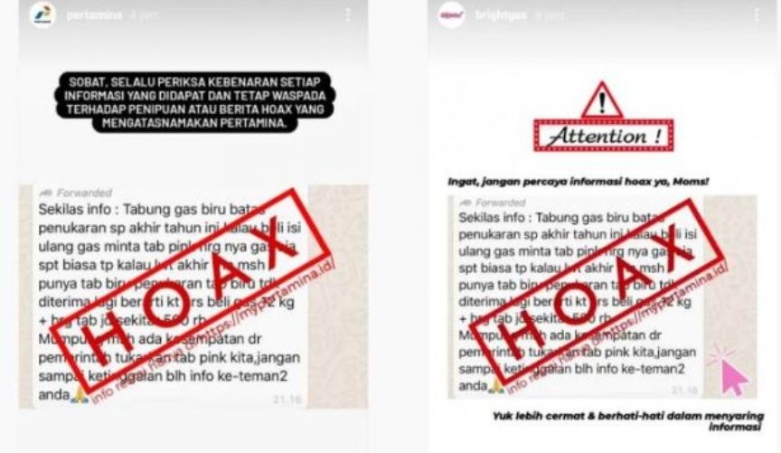 klarifikasi PT Pertamina melalui instagram terkait hoaks tabung elpiji 12 kilogram dengan tabung BrightGas secara gratis.