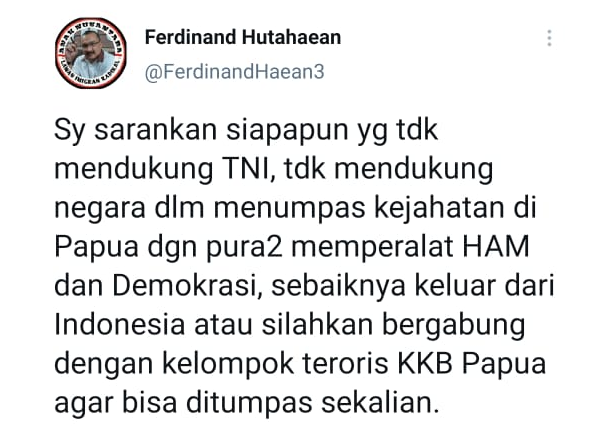 Komentar Ferdinanda Hutahaean di akun twiter pribadinya terkait KKB Papua.