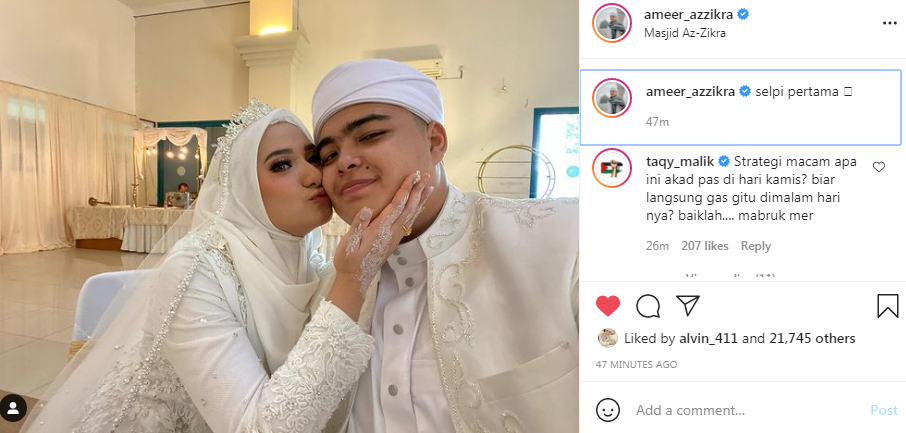 Selfi pertama Ameer Azzikra dan Nadzira Shafa setelah resmi menikah