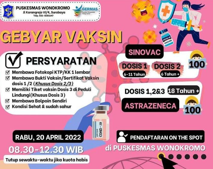 Jadwal Vaksin Sinovac dan Astrazeneca Dosis 1, 2 dan Booster Rabu, 20 April 2022 di Surabaya, Berikut Syaratnya