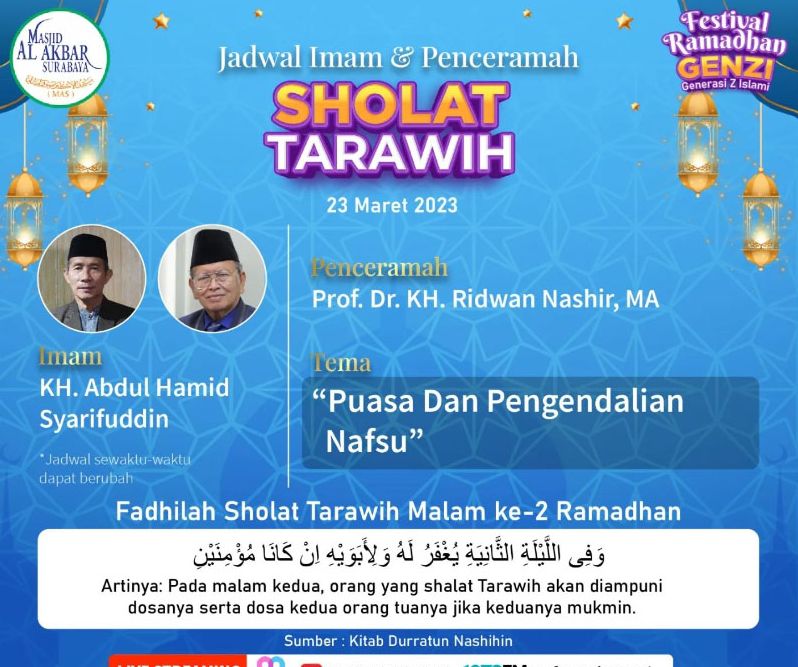 Jadwal Penceramah Tarawih Masjid Al Akbar Surabaya Hari Kamis, 23 Maret 2023
