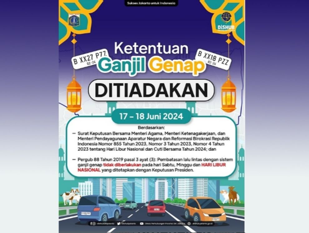 Dishub DKI Jakarta akan meniadakan aturan ganjil genap pada tanggal 17-18 Mei 2024. (Foto: Istagram @dishubdkijakarta)