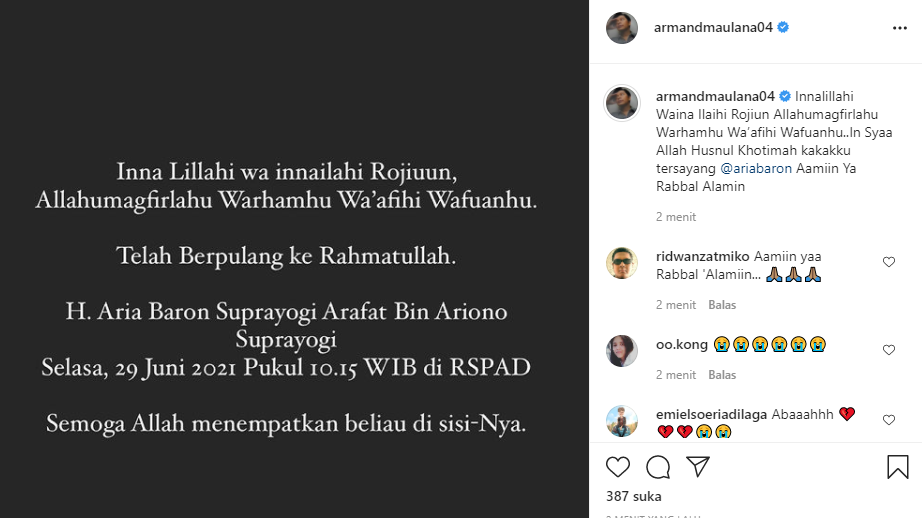 Unggahan Armand Maulana berduka Aria Baron meninggal dunia.