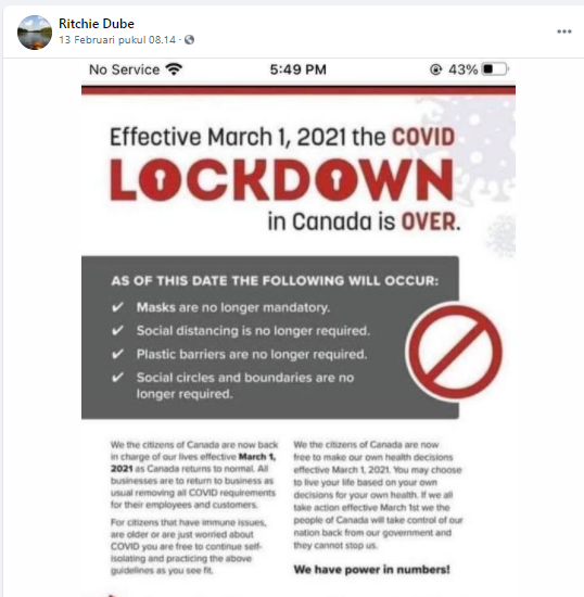 Unggahan facebook mengklaim bahwa Lockdown Kanada berakhir 1 Maret 2021