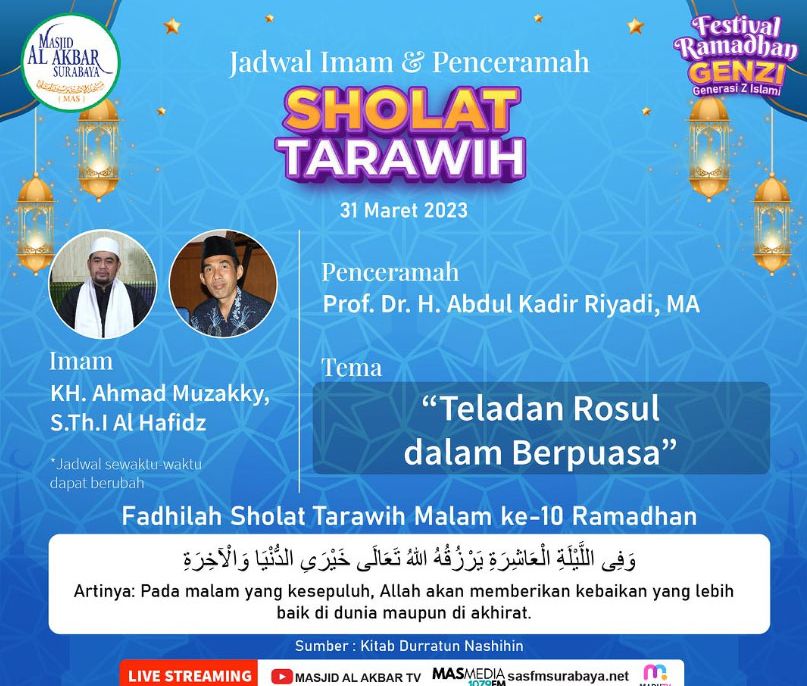 Jadwal Penceramah Tarawih Masjid Al Akbar Surabaya Hari Jumat, 31 Maret 2023