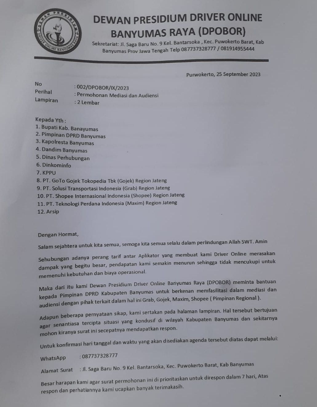 surat dari Dewan Presidium Driver Online Banyumas Raya (DPDOBOR) tertanggal 25 September 2023, perihal permohonan mediasi dan audiensi