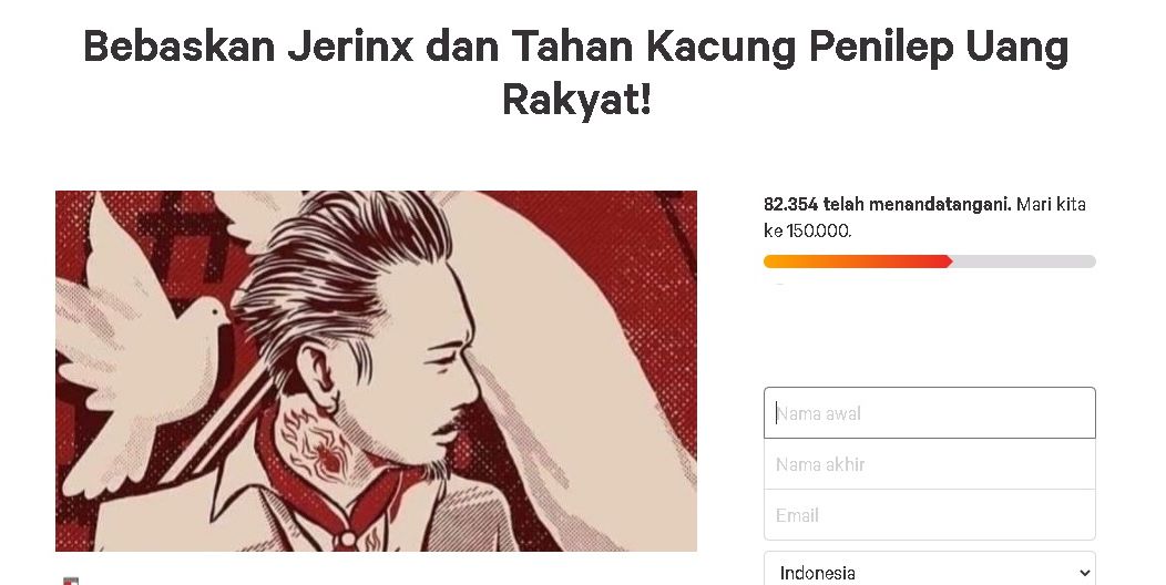 Tangkapan layar dari Change.org terkait Petisi Bebaskan Jerinx SID
