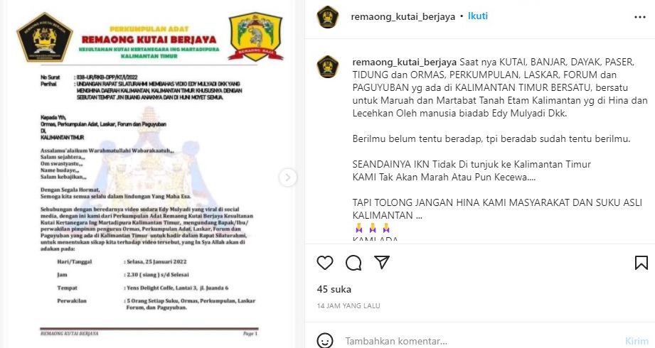 Unggahan Remaong Kutai Berjaya nyatakan sikap untuk Edy Mulyadi.