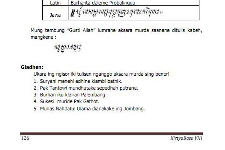 Kunci Jawaban Bahasa Jawa Kelas 8 Halaman 126, Nulis Nganggo Aksara ...