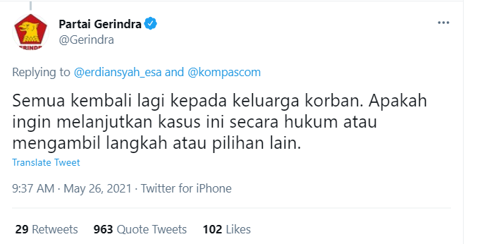 Sikap admin akun Twitter resmi Partai Gerindra terhadap kasus pemerkosaan oleh anak kadernya jadi sorotan.