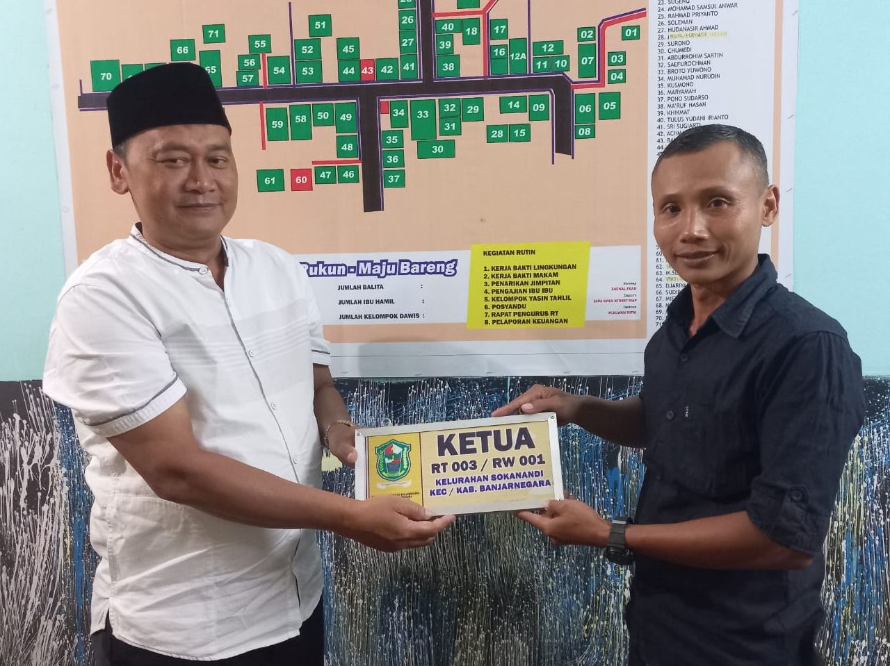 Ketua PPS Sudir (berpeci) serahkan papan nama kepada ketua RT terpilih Wahyudi dalam Pilkaret 2022