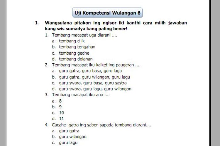 Kunci Jawaban Bahasa Jawa Kelas 7 Halaman 104 105, Uji Kompetensi Wulangan 6 - Ringtimes Bali - Halaman 4