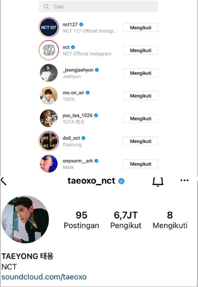 Instagram Taeyong NCT 127 kemarin mengikuti 8 akun.