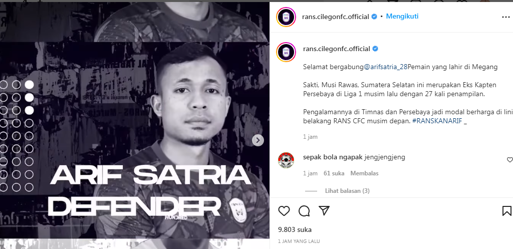 Arif Satria resmi menjadi pemain RANS Cilegon FC