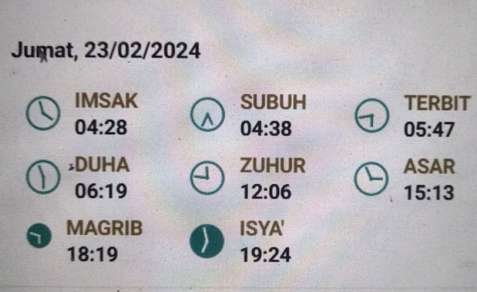 Jadwal sholat untuk Kota Bandung dan sekitarnya, 13 Syaban 1445 Hijriah/ 23 Februari 2024 Masehi.