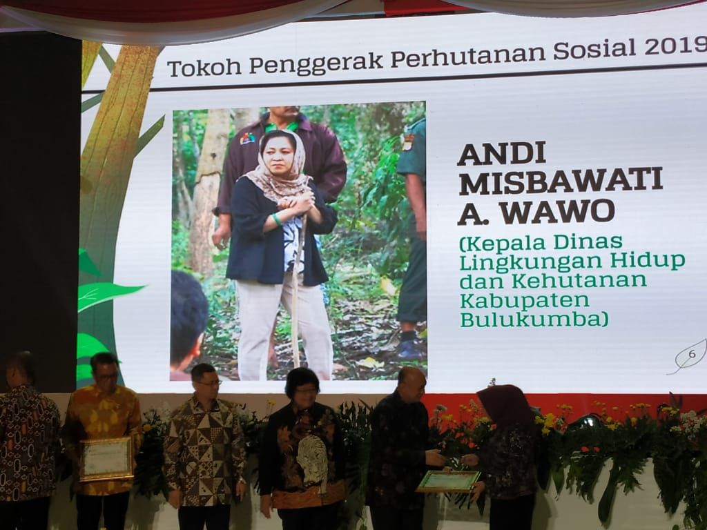 Misbawati Andi Wawo ketika menerima penghargaan dari KLHK sebagai Tokoh Hutan Sosial, 2018.*