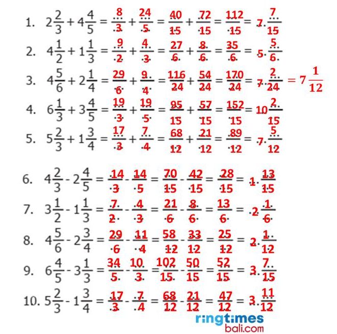 Inilah pembahasan kunci jawaban matematika kelas 5 SD MI halaman 11 menjumlahkan dan mengurangkan dua pecahan campuran, terlengkap 2022.