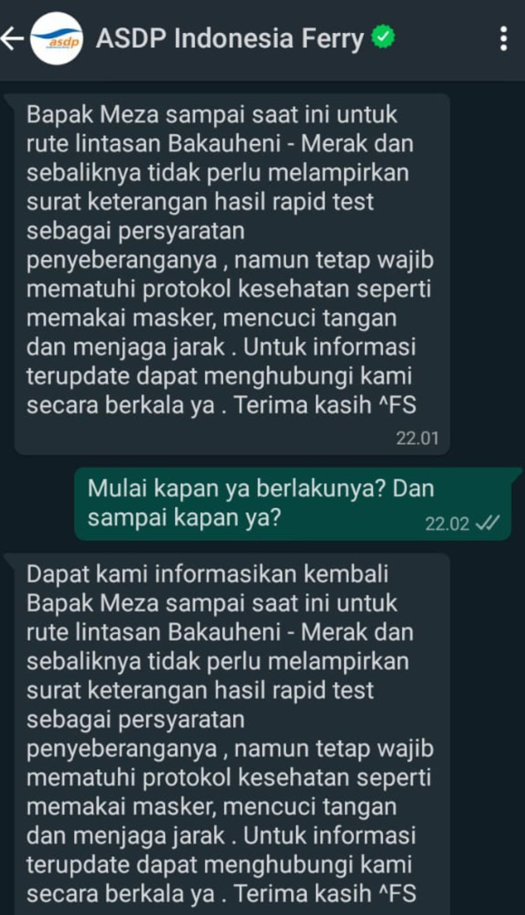 Tangkapan layar percakapan melalui akun whatsapp resmi PT. ASDP Persero dengan Metro Lampung News, Rabu 24 Februari 2021