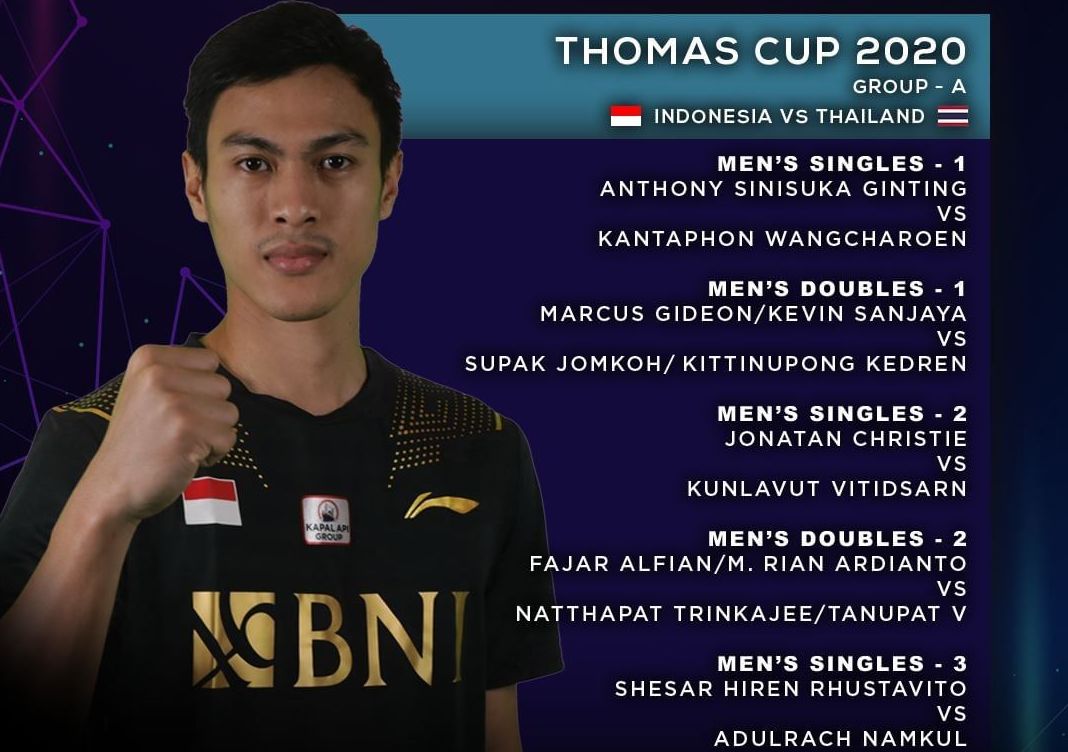 Piala Thomas 2021 Indonesia vs Thailand Jadwal, Susunan Pemain, dan Link Live Streaming
