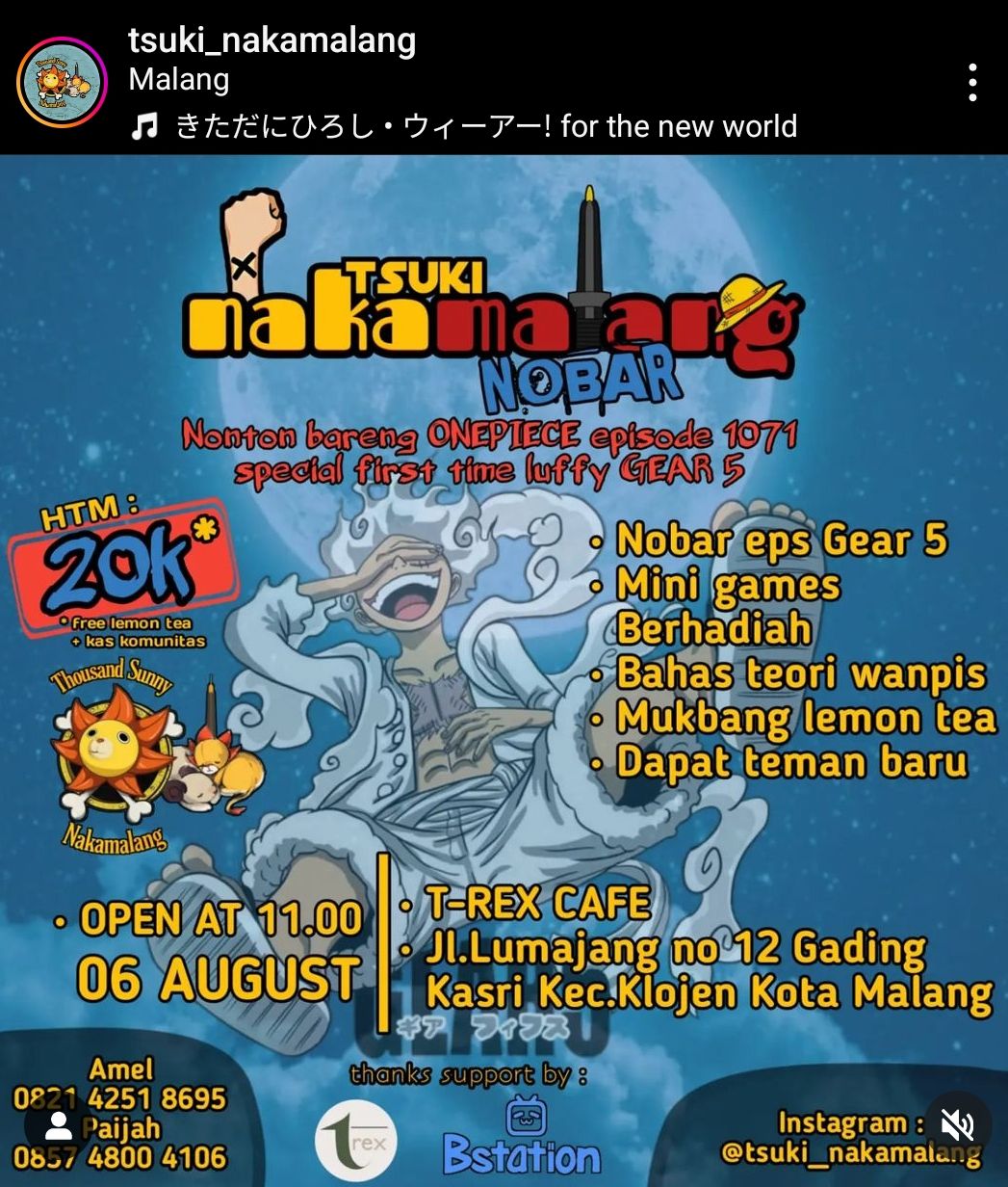 Info nobar episode Gear 5 Luffy One Piece di Malang.