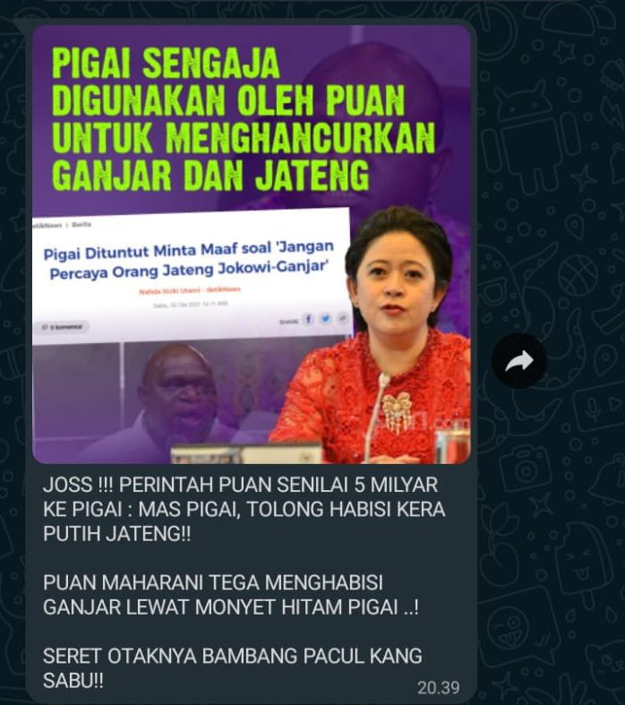Pesan WhatsApp yang mengatakan Natalius Pigai dibayar Puan Maharani Rp5 miliar untuk hancurkan Ganjar Pranowo