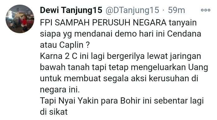 Tangkapan layar twitter Dewi Tanjung @DTanjung15