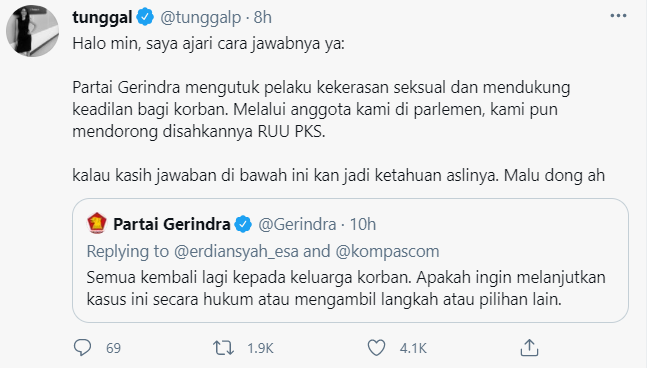 Tangkapan layar cuitan Tunggal Pawestri menanggapi sikap akun Twitter @Gerindra Rabu, 26 Mei 2021.