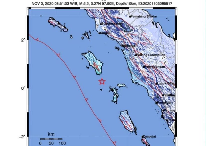 Gempa Magnitudo 5,2 Guncang 35 km Tenggara Nias Selatan Sumut.