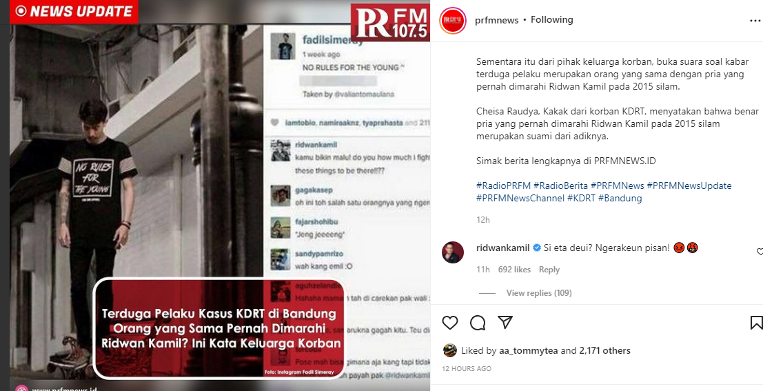 Gubernur Jawa Barat, Ridwan Kamil geram dengan kasus KDRT yang diduga dilakukan seorang pria di Bandung.