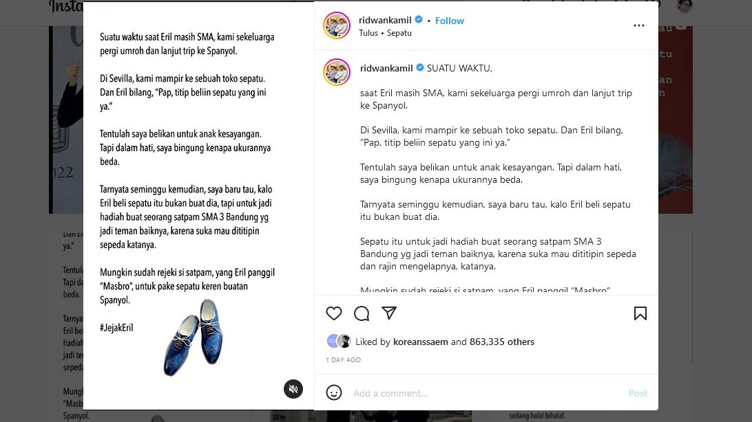Tangkapan layar - Ridwan Kamil ceritakan kebaikan Emmeril Kahn alias Eril yang belikan sepatu asli Spanyol kepada satpam SMA Negeri 3 Bandung.