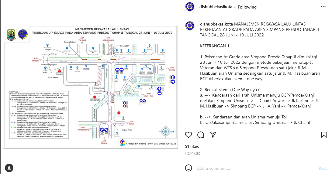 Unggahan Instagram Dishub Kota Bekasi tentang rekayasa lalu lintas mulai 28 Juni hingga 10 Juli 2022 mendatang.