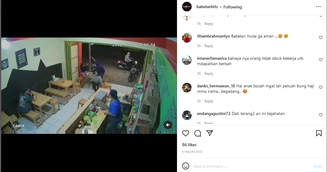 Unggahan Instagram tentang video aksi dugaan pencurian dengan kekerasan di Bekasi.
