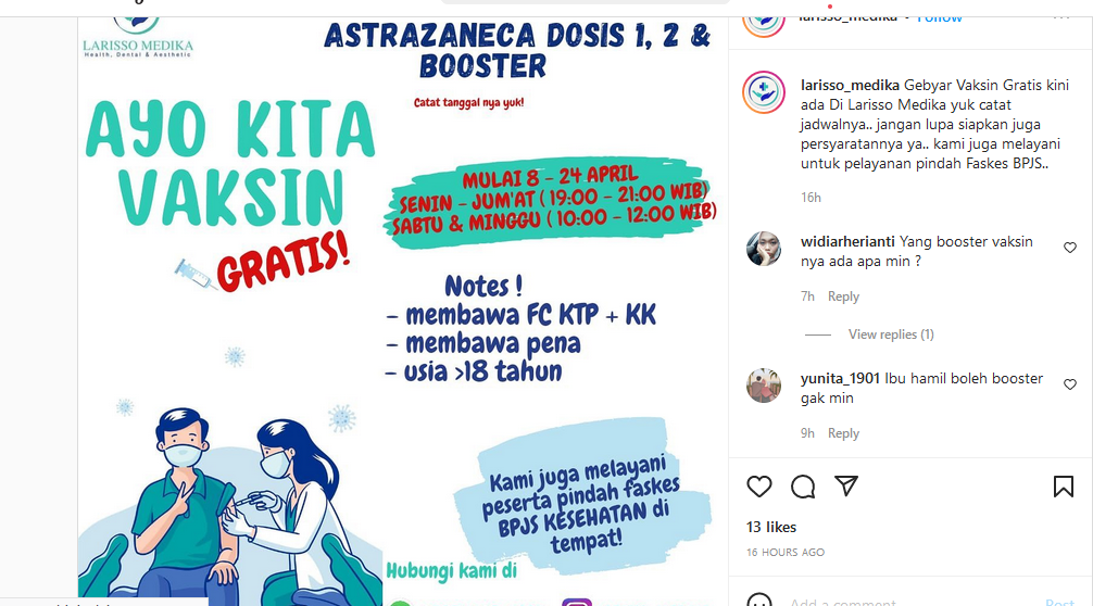Unggahan Instagram Larisso Medika tentang jadwal vaksin booster Bekasi hari ini sampai 24 April 2022.