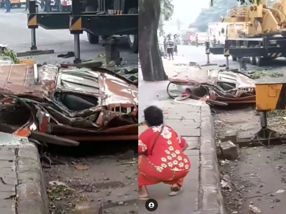 Viral penampakan angkot gepeng usai tertimpa truk kontainer di Bekasi.